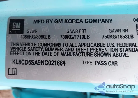 2022 Chevrolet Spark Fwd 1Lt Automatic z USA, uszkodzony, nr VIN KL8CD6SA9NC021664